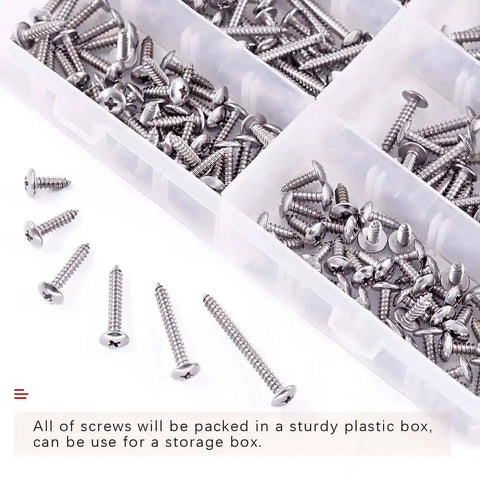 Number 8 304 Stainless Steel Phillips Truss Head Self Tapping Sheet Metal Screws assortment kit in plastic storage box