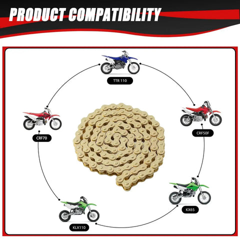 Gold 420 Drive Chain 102 Link With Chain Breaker Tool for CRF50F, KLX110, KX65 bike compatibility with chain illustration