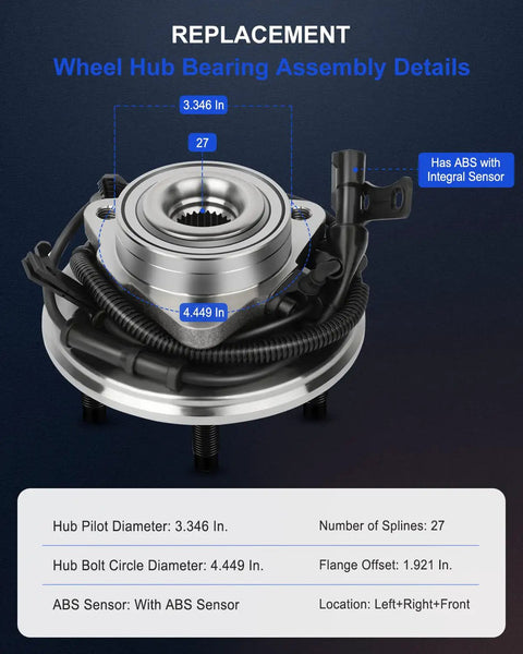Front Wheel Hub And Bearing Assembly 515078 Drop In Direct Fit For Ford Explorer Sport Trac Mercury Mountaineer 2006 2007 2008 2009 2010 With ABS 5 Lug 3 Bolt Flange Replacement details