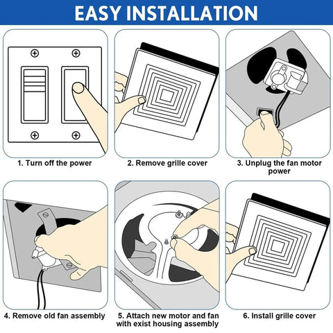 Easy installation guide for Bathroom Vent Fan Motor and Ceiling Blower Wheel Replacement Electric Motors Kit Compatible with Nutone Broan 50CFM 120V (1 Pack) showing steps to replace motor and blower wheel.