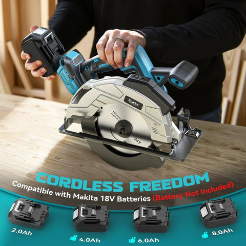 Cordless Circular Saw With Laser Guide By Ecarke For Makita 18V Batteries Bare Tool 7-1/4 Inch Blade 5000 RPM displayed in workshop