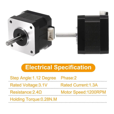 Nema 17 Stepper Motor 42x42x34mm Bipolar 2 Phase 1.3A 3.1V 0.28Nm for 3D Printer CNC Machine DIY shown with electrical specs