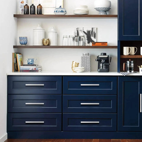10 Pack Brushed Nickel Cabinet Pulls 3 Inch Hole Centers, 6 Inch Total Length, 1.34 Inch Height Stainless Steel Handles on blue kitchen drawers.