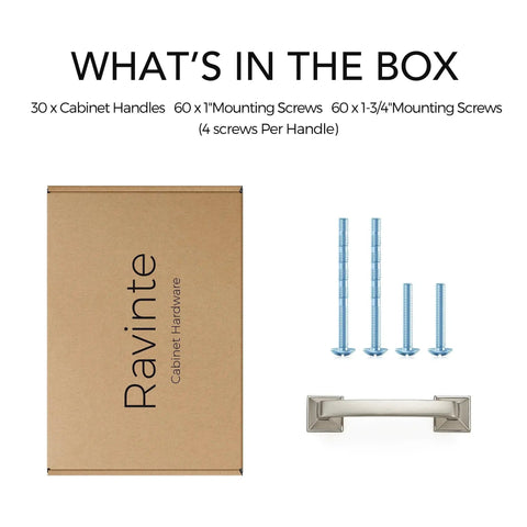 30 Pack Solid 3 Inch Square Foot Arch Cabinet Pulls In Brushed Nickel Finish with mounting screws and packaging box
