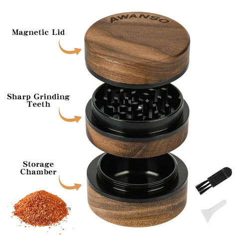 Exploded view of Walnut Wood 2.5 Inch 3 Piece Spice Grinder With Aluminum Chamber Magnetic Lid showing each part.