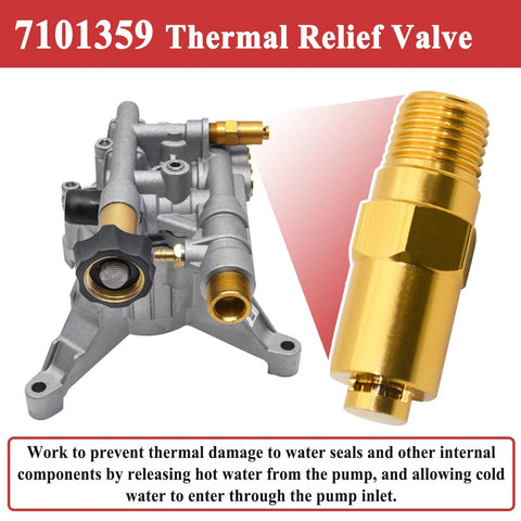 Thermal relief valve for gas-powered pressure washer pump, 1/4 in NPT, brass fittings, shown with gray pump body