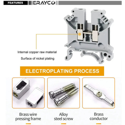 Cross-section of Beefy DIN Rail Terminal Block With Screw Clamp Heavy Duty 600V 30A 30 To 10 AWG Nylon PA66 Housing Copper Bodies Nickel