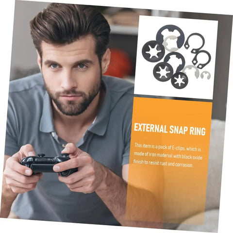 Man holding game controller next to image of 200 Piece Retaining Ring And Washer Kit For Mechanical Projects And Electronics Durable Rust Resistant Circlips And Open Rings Easy Install Hardware For Game Consoles Machinery And DIY Repairs.