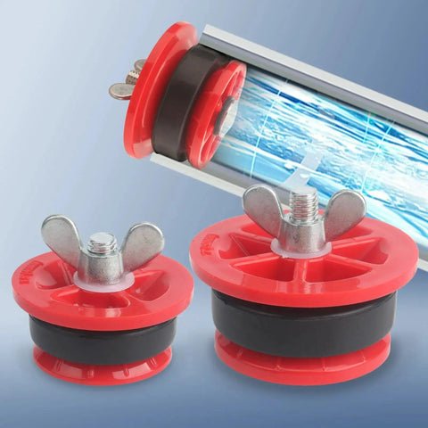 Mechanical End Of Pipe Gripper Plug Set For 2 Inch And One And One Half Inch Piping Red Two Pack Includes Two Inch And One And One Half Inch Test Plugs For Sealing And Pressure Test Snug Fit To Block Foreign Objects And Keep Your Piping Safe.