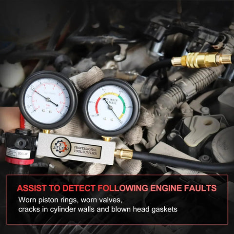 Close-up of Cylinder Leak Down Tester Kit Pro Grade with dual pressure gauges for engine compression detection in a car engine.