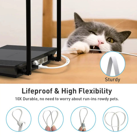 Cat 6a Ethernet Cable 50 Ft With 1.5 Ft Patch Cord Slim High Speed 10 Gigabit RJ45 Network Wire White shown with cat near router