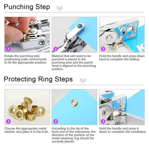 Instruction steps for using Ten Colors 300 Pcs Metal Grommets Kit With 3/16 Inch Eyelets And 1 Pcs Hole Punch Pliers Plus 100 Gold Grommets