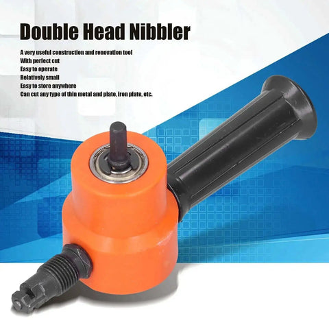 Double Head Sheet Metal Nibbler for Drills with 360 Degree Adjustable Cutter, compact design for straight and curve metal cuts.