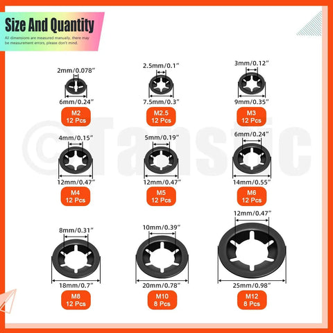 Front view: internal-tooth star lock washers and push-on locking washers, M2-M12 sizes with dimensions and quantities.