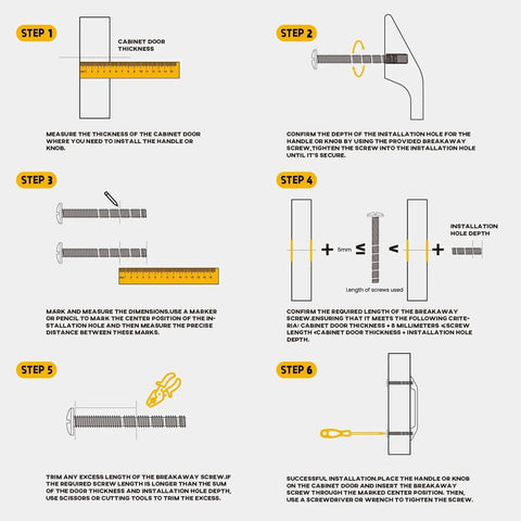 Step-by-step installation guide for cabinet handle, showing measurement and screw attachment process on a cabinet door.