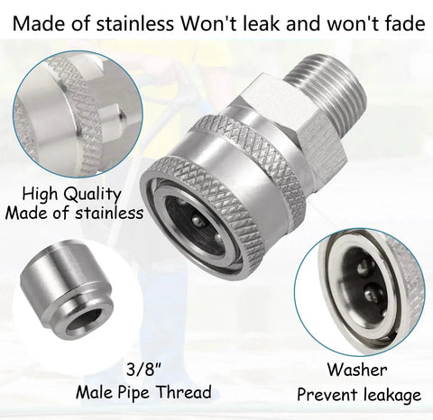 FKKWUOT 3/8 in stainless steel quick-connect fittings set with male/female adapters, 4 pieces for pressure washer use