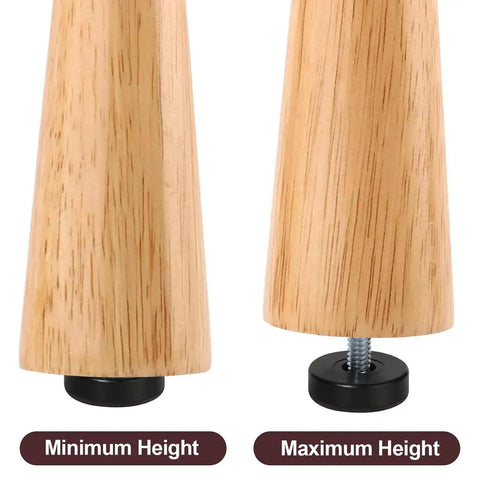 Wooden furniture leg with Round One Quarter Inch Thread Furniture Feet Levelers, showing minimum and maximum height adjustment.