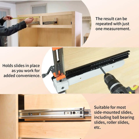 Drawer Slide Jig With Toggle Clamp And Magnetic Arm For Precise Cabinet Installations in use with laser engraved dual scale marks