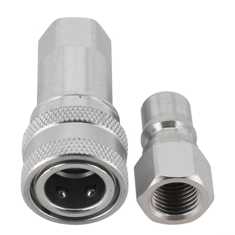 Hydraulic quick-connect coupler set, M14 thread, metal silver, two-piece male and female connectors