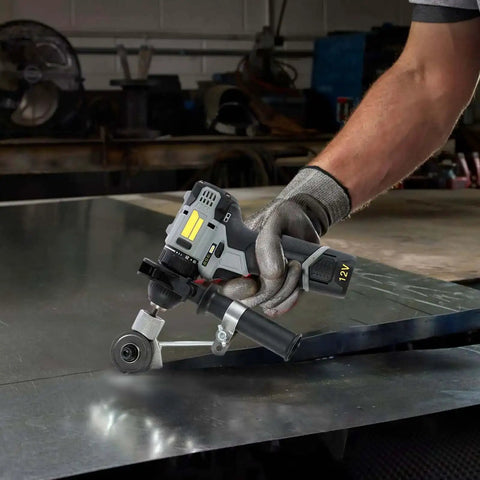 Person using Electric Drill Plate Cutter Shear Pro Attachment For Sheet Metal Cutting High Manganese Steel Universal Version tool in workshop.