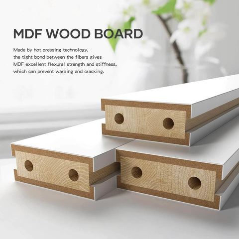 Close-up of MDF wood board used in Double 24x84 Inch White Sliding Barn Door Slab With 8 Ft Hardware Kit Included, showing layers and finish.