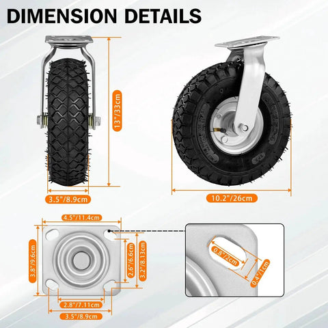 Dimensions of Heavy Duty Pneumatic Casters 10 Inch 4 Pack With 2 Swivel And 2 Rigids, 1200 Lbs Capacity, Rubber Wheel