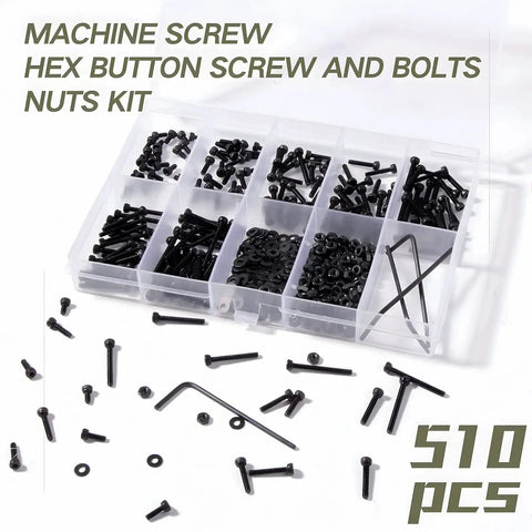 510 pcs M2 socket cap screws kit with nuts, washers, and wrench, black oxide hex socket head in organizer box
