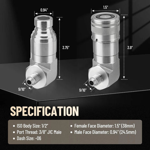 Flat-face 90° skid-steer hydraulic quick-connect elbow; 1/2 in body, 3/8 in JIC male threads with dust caps, pair