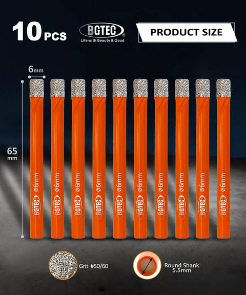 Dry Diamond Drill Bit Set 10 Piece Quarter Inch 6mm Vacuum Brazed Core Drill Bits For Granite Marble Concrete Tile Ceramic