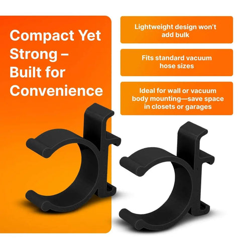 Universal Vacuum Hose Holder Clip Set For Henry, George, James And Charles showing two black ABS clips with orange background
