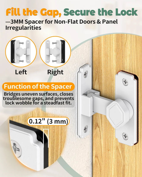 90 Degree Barn Door Lock Latch For Cabinets And Sliding Doors Right Angle Lock For Bathrooms Barns Sheds And Garden Windows Aluminum Alloy Safety Privacy Hardware White 1 Pack with spacer installed on wood surface