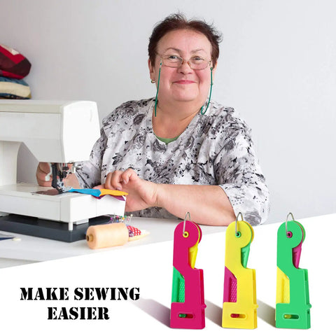 Must Have 46 Piece Sewing Tools Kit With 9 Automatic Needle Threading Devices shown with woman sewing and colorful threaders