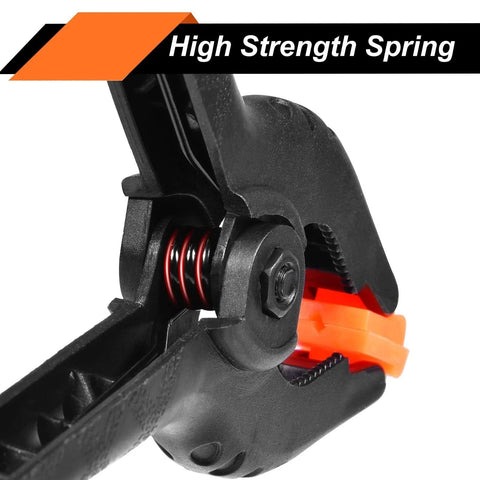 Close-up of Heavy Duty 3.5-Inch Spring Clamps 20 Pack Pro Grade For Crafts Woodworking Backdrop Stand Photography, Durable Nylon With Fiberglass, 5 Pound Clamp Strength, Small Spring Clips For Studio Use Toresano showing clasp mechanism.