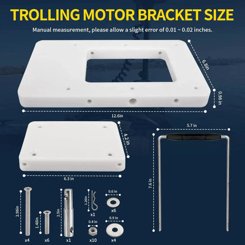 Quick Release Trolling Motor Mount Bracket For Ulterra Terrova PowerDrive V2 Riptide ST SP Deckhand 40 Electric Steer Mounting Plate 1854017 RTA 17 White No Fuss Quick Install Built Rock Solid showing dimensions and hardware