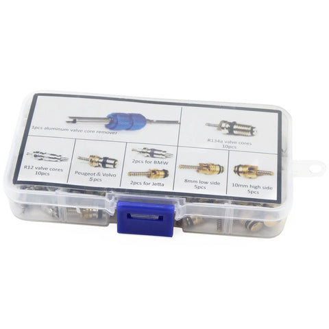 OCR 40pc car A/C valve core kit in clear case with blue latch; includes R12/R134a cores and double-head remover.