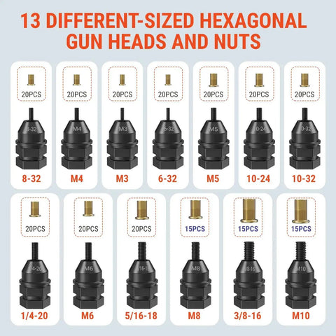 Image showing 13 different-sized hexagonal gun heads and nuts from the Rivet Nut Drill Adapter Kit For Electric Drills, Upgraded Pro Rivet Gun Set With 13 Iron Heads And 245Pcs Rivnuts, Case Included, Turns Any Drill Into A Heavy Duty Nut Riveter For Fast, Reliable Hardware Projects.