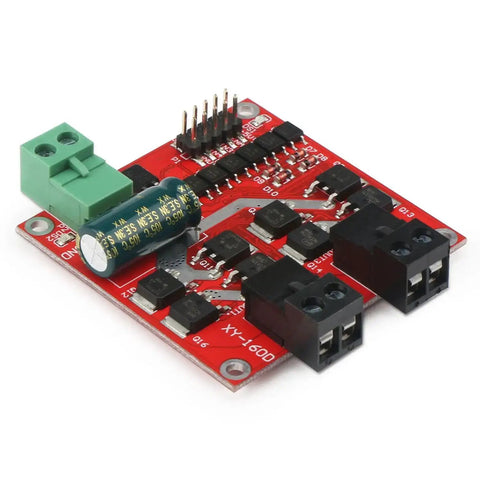 Red Dual H Bridge DC Motor Driver board for two motors, PWM speed controller 6.5V to 27V, 7A per channel, with optocoupler isolation.