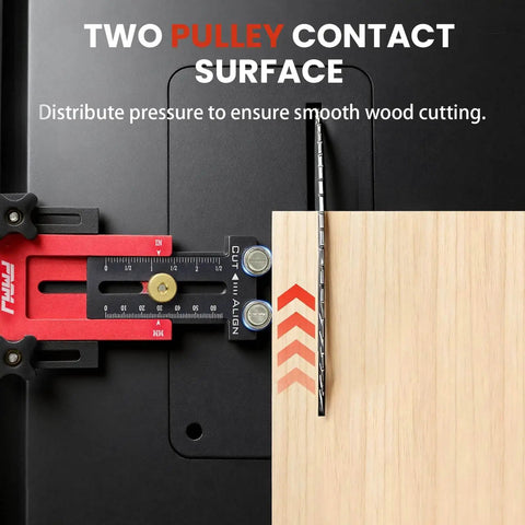 Boss Level Narrow Rip Table Saw Jig With Dual Pulleys For Precise Repetitive Narrow Strip Cuts in action on wood surface
