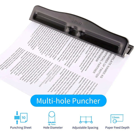Compact Handheld 3 Hole Puncher With Metal Body, Adjustable 3 Or 4 Hole Spacing And 7mm Aperture shown punching paper