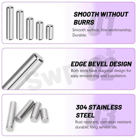 Stainless Steel Dowel Pin Kit 110 Piece Set M2 M3 M4 M5 304 Grade For Shelf Support and Industrial Maintenance, smooth surface, edge bevel design