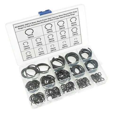 300 Piece Metric Round Wire Internal Snap Ring Assortment Kit In Carbon Spring Steel With Black Finish Includes 14 Bore Sizes From 7mm To 30mm