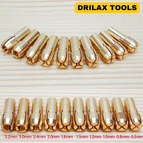 10 Piece Brass Collet Set For Dremel Rotary Tools Fits 0.5mm To 3.2mm Bits And 1/8 Inch Shank displayed on wooden surface
