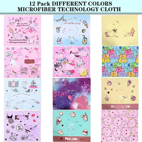 12 Pack Cartoon Color Microfiber Cleaning Cloths For Cameras Lenses Glasses Sunglasses Jewelry Crystals And Screens Soft Ultra Gentle Safe For Delicate Surfaces 7.08 By 5.9 Inches Ideal For Travel Use arranged in a grid showing various cartoon designs and colors.