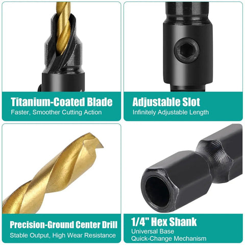 Close-up of titanium-coated blade and 1/4-inch hex shank from a Five Piece Wood Countersink Drill Bit Set with adjustable slot and precision-ground center drill.