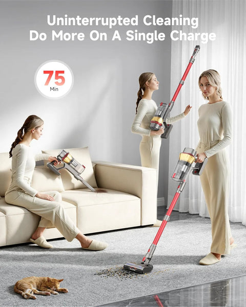 AIPOWAY 650W cordless vacuum cleaner with red wand and handheld unit cleaning living room carpet