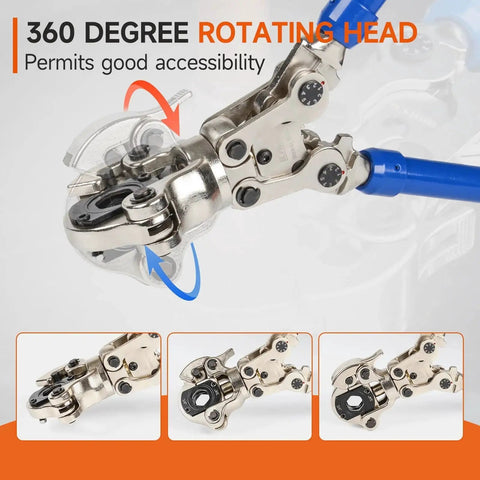 Close-up of ProPress Copper Pipe Press Tool Kit with cutter and deburring tool, featuring 360-degree rotating head and locking crimper