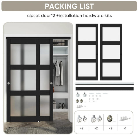 60 By 80 Inch Bypass Sliding Closet Door With Frosted Glass Three Lite Panels, black frame, hardware kit, installed view