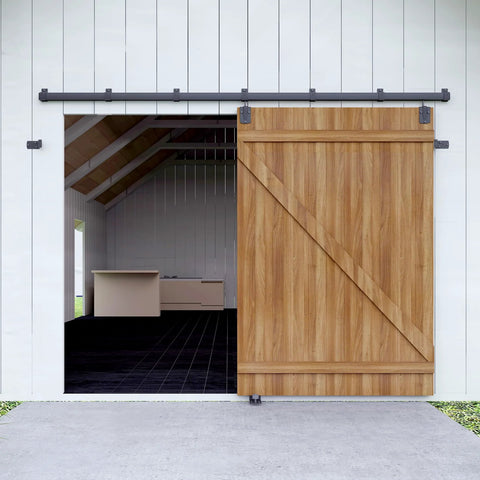 10 Ft Heavy Duty Box Rail Exterior Sliding Barn Door Hardware Kit, 450 Lb Capacity, Black Powder Coated Finish installed