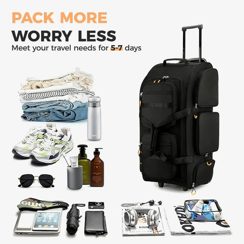 Large 90L Rolling Duffle Bag With Wheels And Telescoping Handle For Travel And Weekend Getaways, shown with travel essentials.