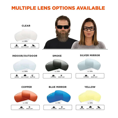 Multiple lens options for Skullerz Odin Safety Glasses: clear, indoor/outdoor, smoke, silver mirror, copper, blue mirror, yellow.